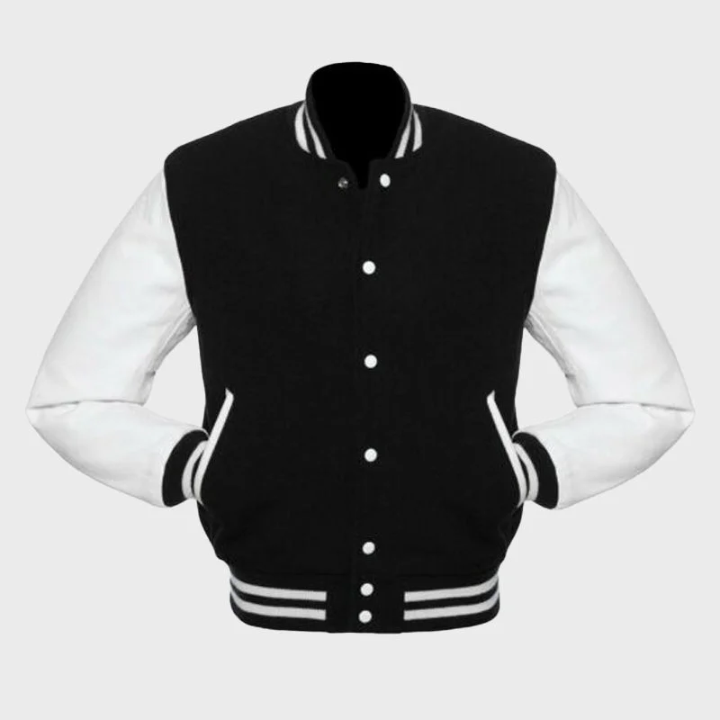 Men's Black And White Varsity Jacket Tiered Jacket Buttoned Jacket Zippered Jacket