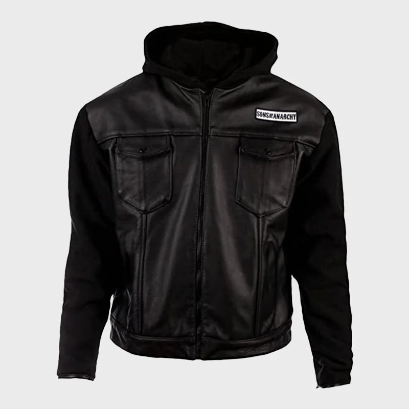 Men's Black Hooded Sons Of Anarchy Highway Leather Jacket Jersey Jacket Tulle Jacket Batik Jacket