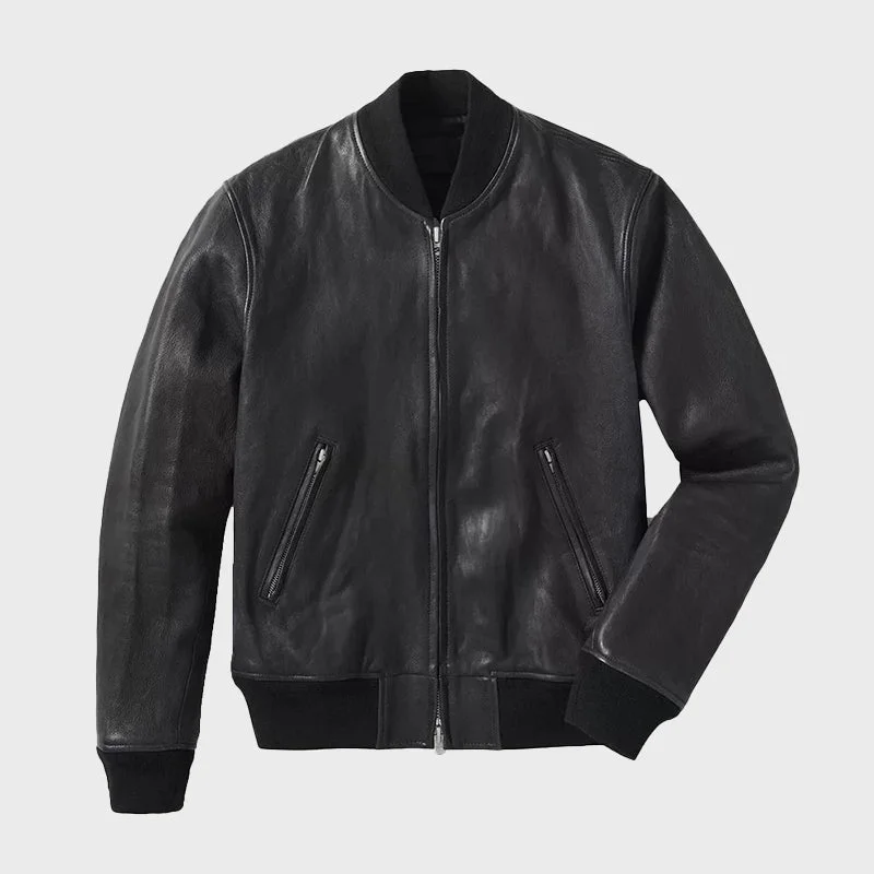 Men's Black Leather Bomber Jacket Tiered Jacket Buttoned Jacket Zippered Jacket