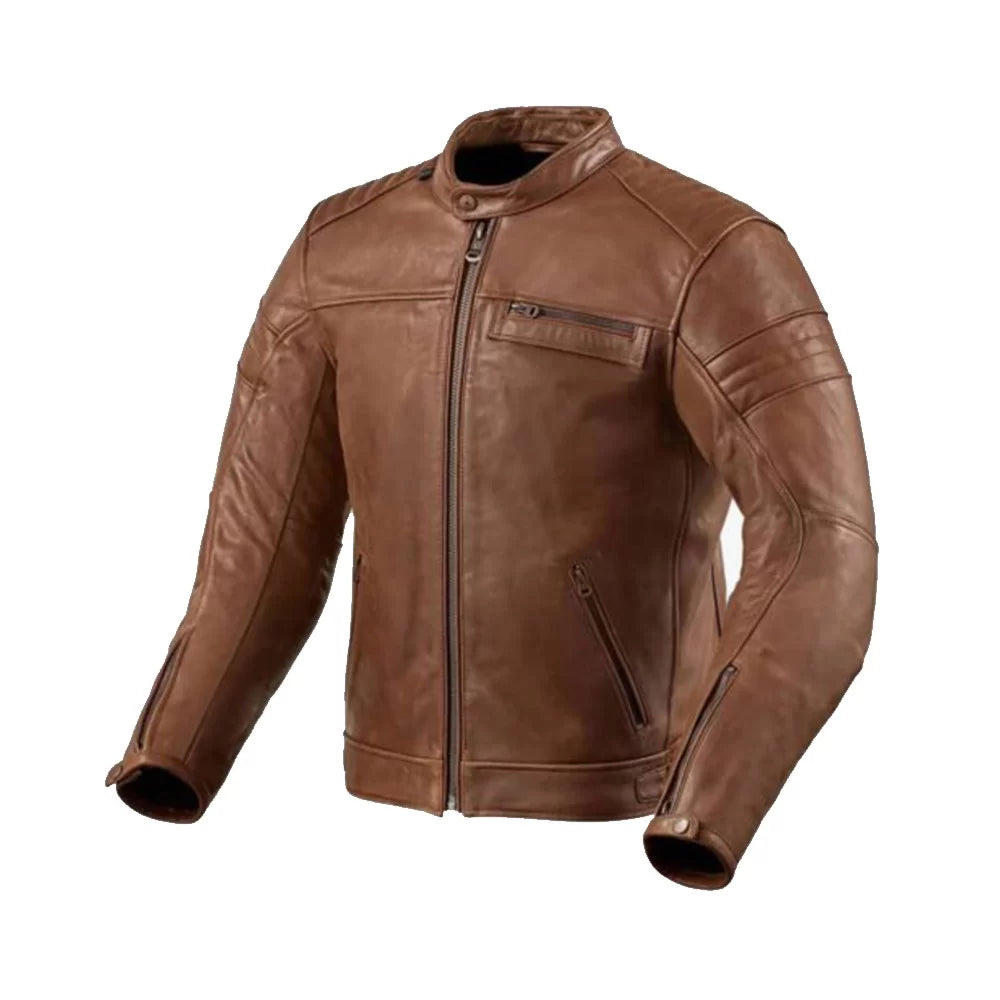 Men's Brown Leather Motorcycle Jacket Stand-Up Collar Roll-Neck Collar Turtle Neck