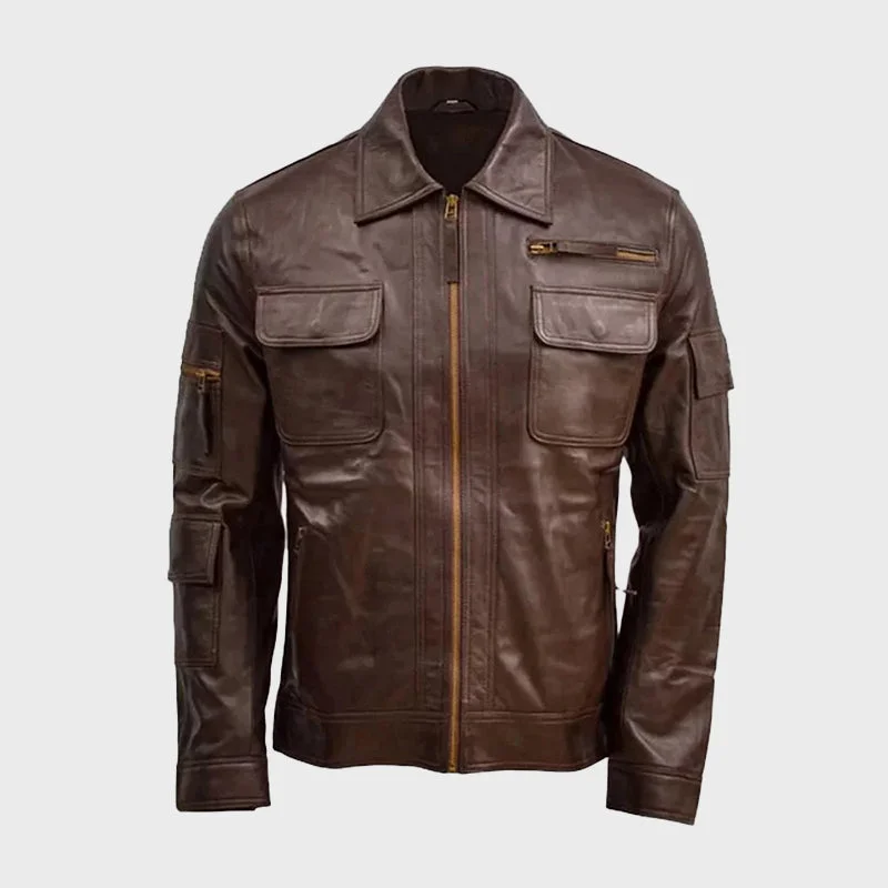Men's Brown Sheepskin Leather Jacket Zip Front Button Front Snap Front
