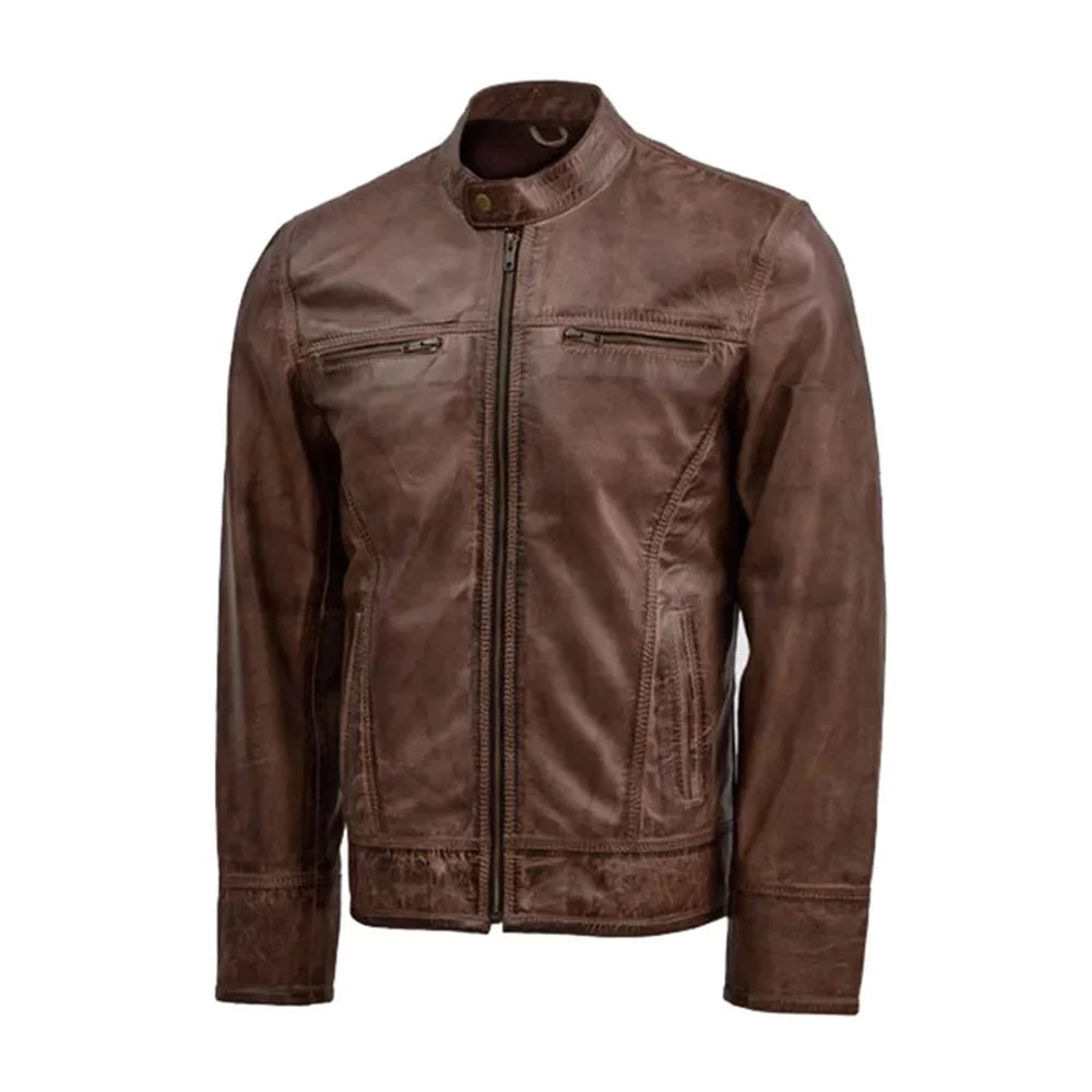 Men's Brown Waxed Leather Jacket Ribbed Jacket Pleated Jacket Ruffled Jacket