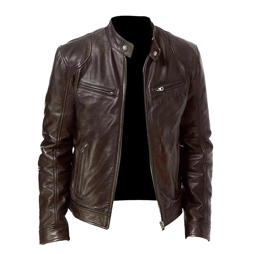 Men's Dark Brown Leather Jacket Insulated Jacket Fitted Jacket Loose Jacket