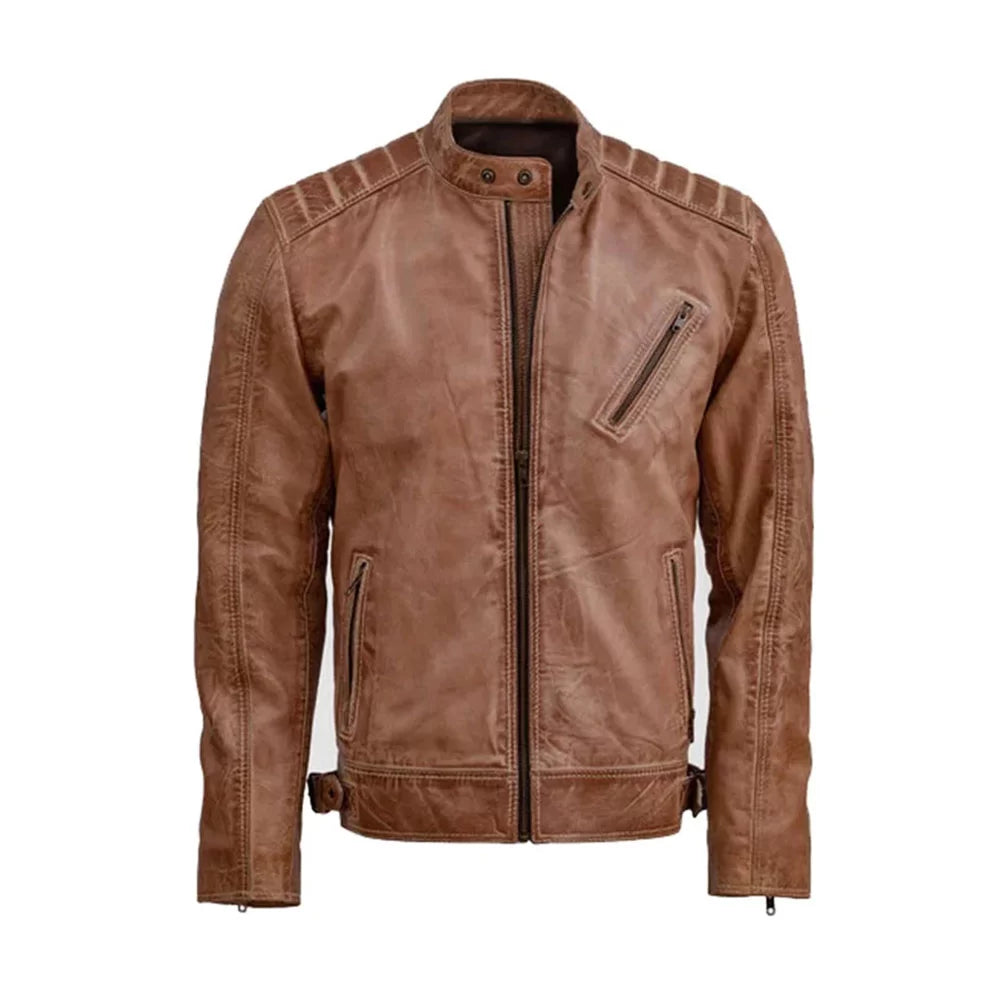 Men's Distressed Brown Leather Jacket A-Line Jacket Boat Neck Shawl Collar