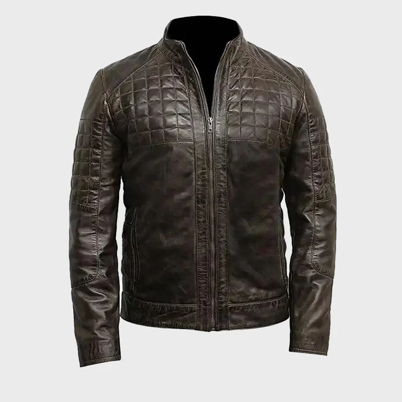 Men's Distressed Brown Quilted Leather Jacket Cotton Jacket Linen Jacket Terry Jacket