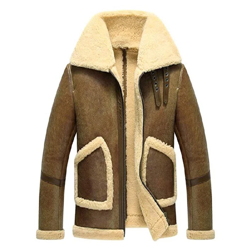 Men's Jacket Brown Aviator Sheepskin Shearling Leather Jacket Oversized Jacket Tailored Jacket Straight Jacket