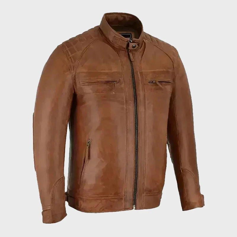 Men's Quilted Shoulder Brown Cafe Racer Jacket One-Shoulder Jacket Off-the-Shoulder Jacket Asymmetrical Jacket
