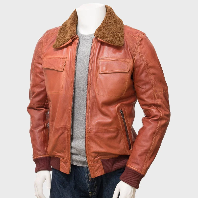 Men's Rust Leather Bomber Brown Fur Jacket One-Shoulder Jacket Off-the-Shoulder Jacket Asymmetrical Jacket
