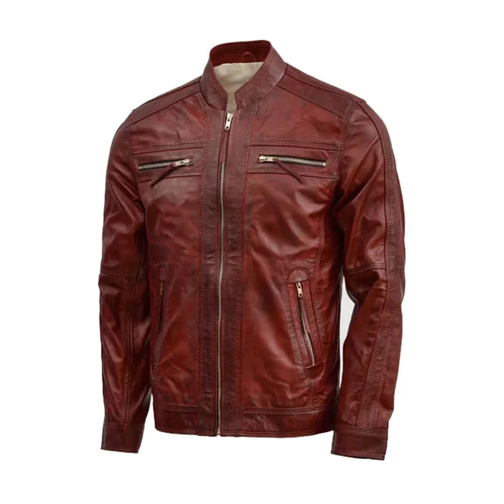 Men's Waxed Brown Leather Jacket One-Shoulder Jacket Off-the-Shoulder Jacket Asymmetrical Jacket