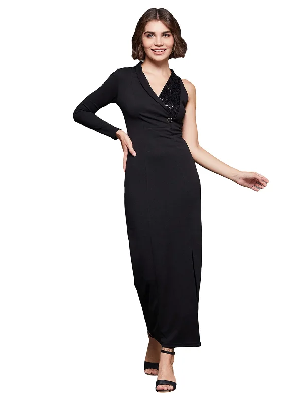 Miss Chase Women's Black Solid Asymmetric Sequined Maxi Dress (MCAW22D98-15-62-06, Black, XL) Trendy Floral Print Maxi Dress