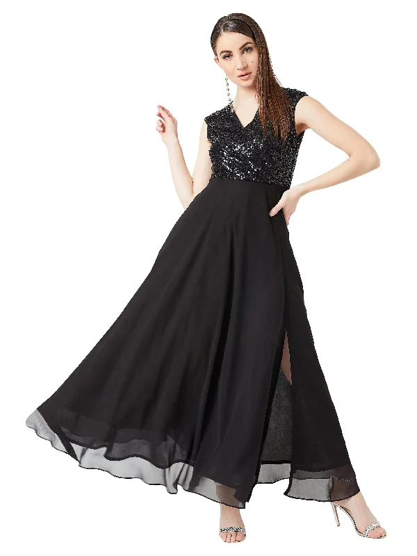 Miss Chase Women's Black V-Neck Cap Sleeved Solid Wrap Maxi Dress(MCSS20D06-10-62-04_Black_M) Elegant Maxi Dress with Ruffles Miss Chase Women's Black V-Neck Cap Sleeved Solid Wrap Maxi Dress(MCSS20D06-10-62-04_Black_M) Elegant Maxi Dress with Ruffles