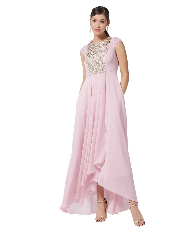Miss Chase Women's Dusty Pink Round Neck Cap Sleeve Solid Embellished Maxi Dress(MCAW21D06-12-234-04,Dusty Pink,M) Elegant Tiered Maxi Dress