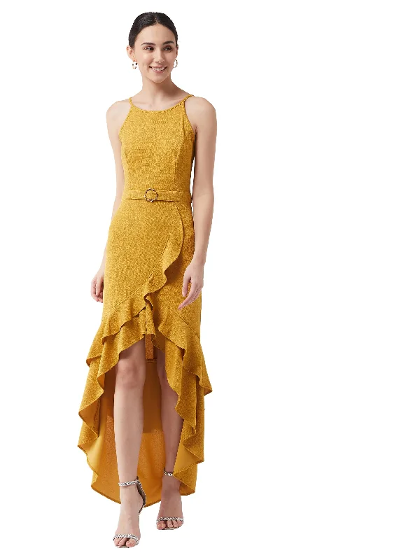 Miss Chase Women's Mustard Halter Neck Sleeveless Solid Ruffled Maxi Dress (MCAW21D13-18-183-05,Mustard,L) Fashionable High-Low Maxi Dress Miss Chase Women's Mustard Halter Neck Sleeveless Solid Ruffled Maxi Dress (MCAW21D13-18-183-05,Mustard,L) Fashionable High-Low Maxi Dress