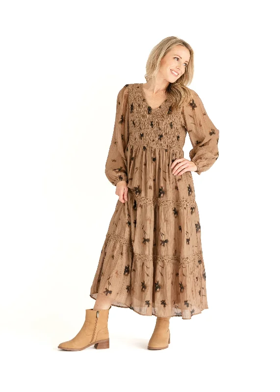Mocha Floral V-neck Smocked Maxi Dress Stylish Maxi Dress with Frills