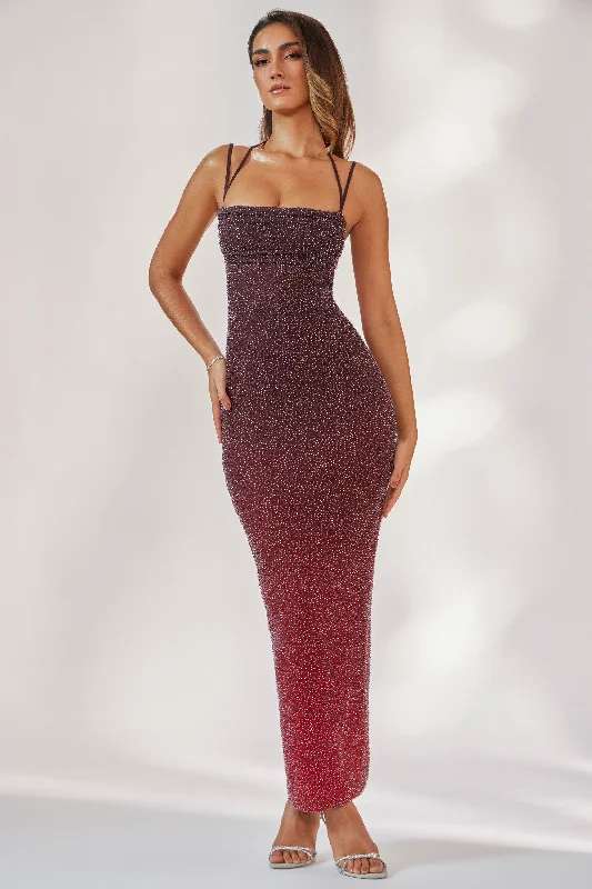 Embellished Maxi Dress in Red/Brown Ombré Comfortable Pleated Maxi Dress