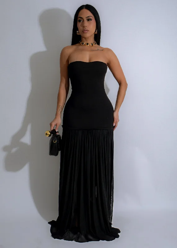 Moonlit Cascade Mesh Maxi Dress Black Comfortable Flowy Maxi Dress