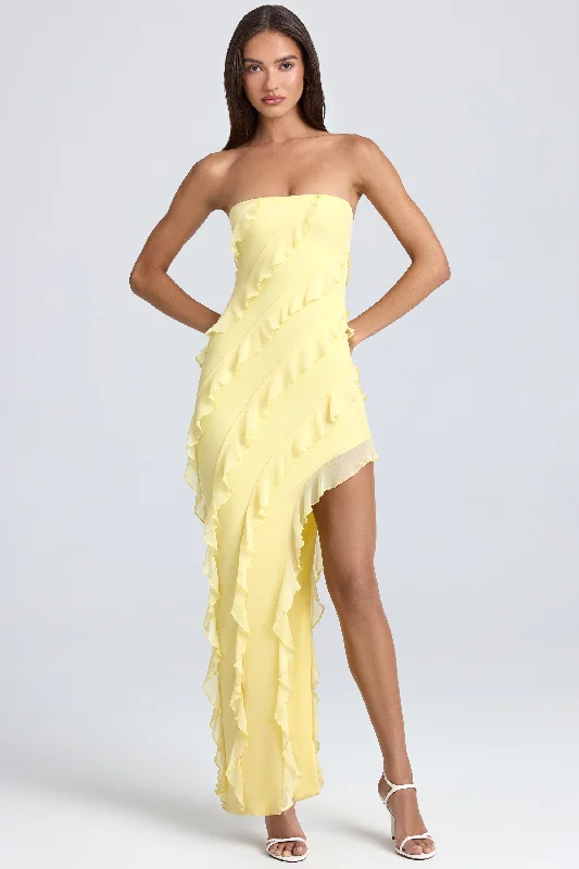 Bandeau Ruffle-Trim Maxi Dress in Lemon Sherbet Fashionable Printed Maxi Dress