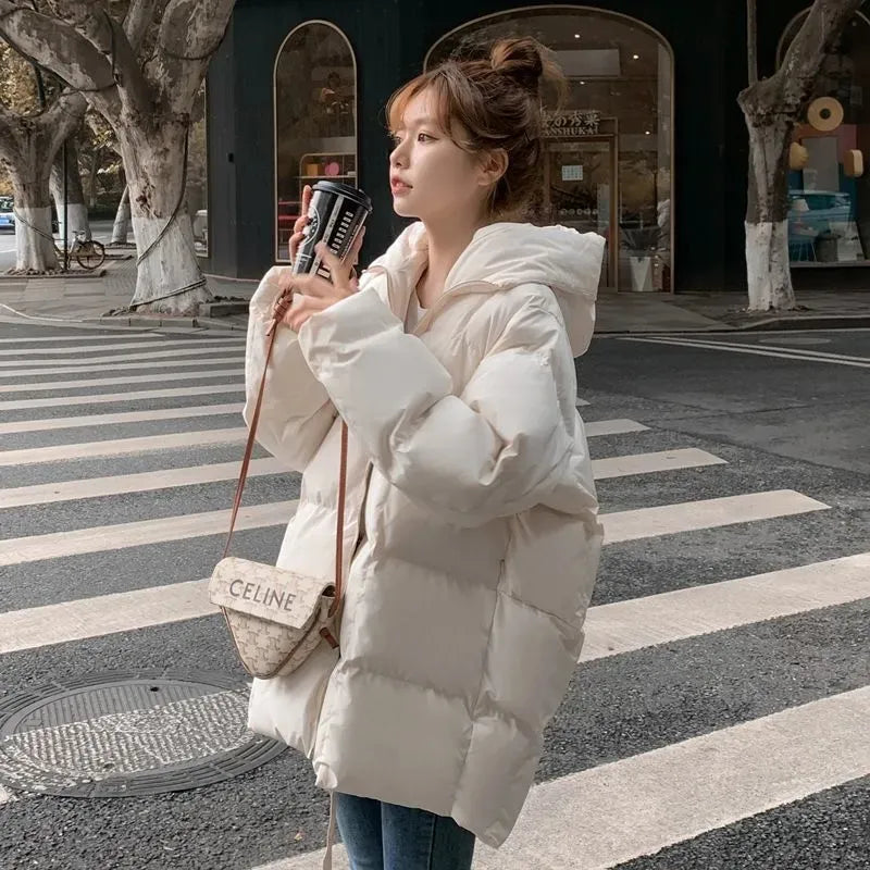 New Down Cotton Parka Winter Jackets Women White Zipper 2023 Korean Loose Hooded Bubble Coats Female Simple Basic Outwear Toggled Jacket Drawstring Jacket Belted Jacket