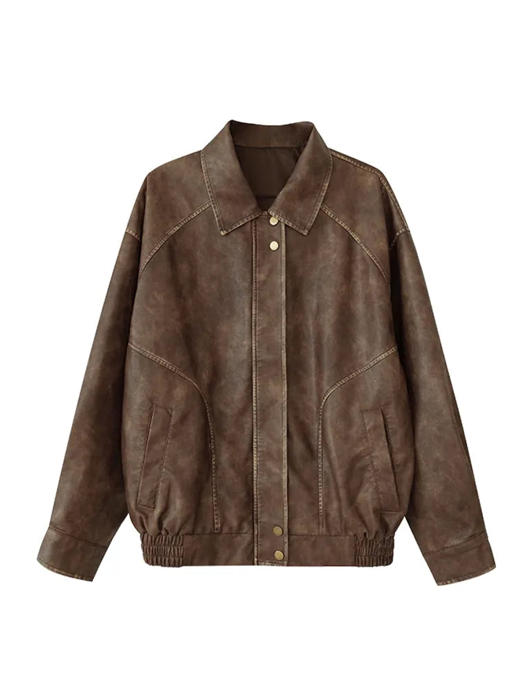 Getadme  New Fall Winter Womwn American Vintage Pu Coat Zip Up Faux Leather Old Money Bomber Jacket Classical Oversize Outwear Aesthetic Cotton Jacket Linen Jacket Terry Jacket