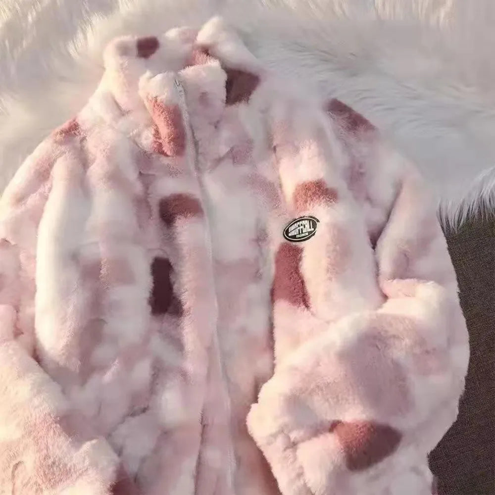 New Women's Tie Dye Lamb Fleece Jacket Autumn Winter Zipper Outerwear Warm Plush Jackets Harajuku Casual Loose Female Thick Coat Zippered Jacket Buttoned Jacket Snapped Jacket