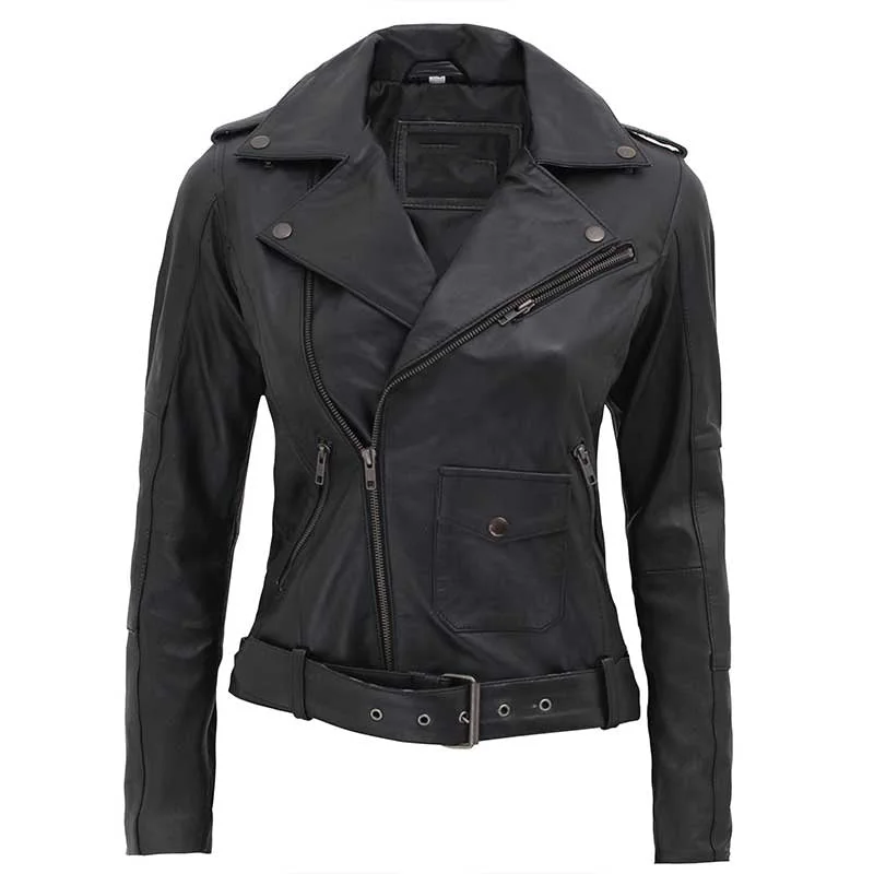Ninfa Women Black Real Leather Jacket Welt Pockets Slit Pockets Flap Pockets