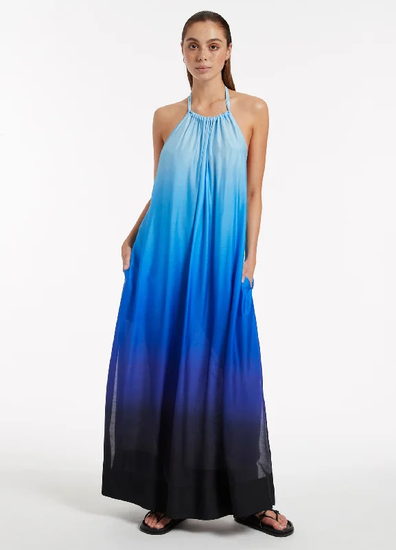 Oia Sunset Halter Maxi Dress - Ocean Fashionable Open-Back Maxi Dress