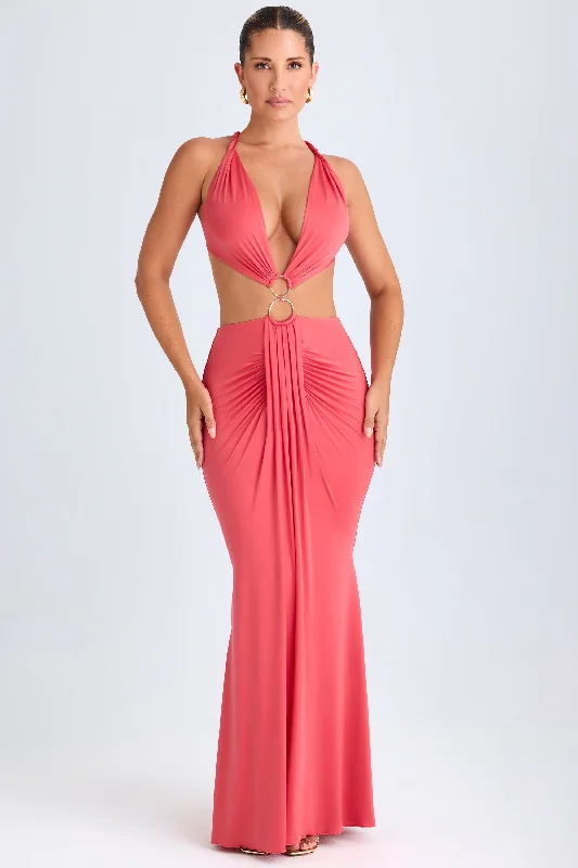 Hardware Detail Cut-Out Halterneck Maxi Dress in Coral Elegant Boho Maxi Dress