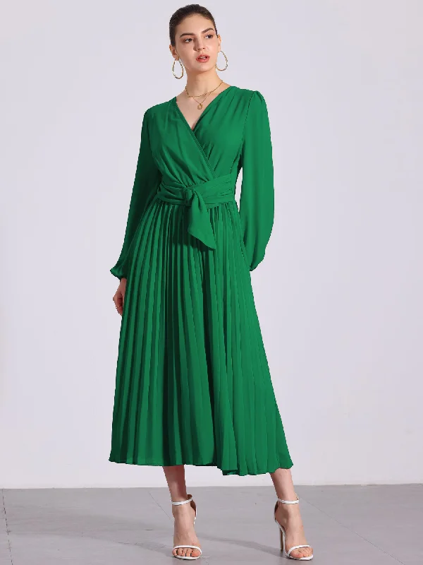 Pleated V Neck Puff Sleeve Tie Waist A-Line Maxi Dress Chic Boho Print Maxi Dress