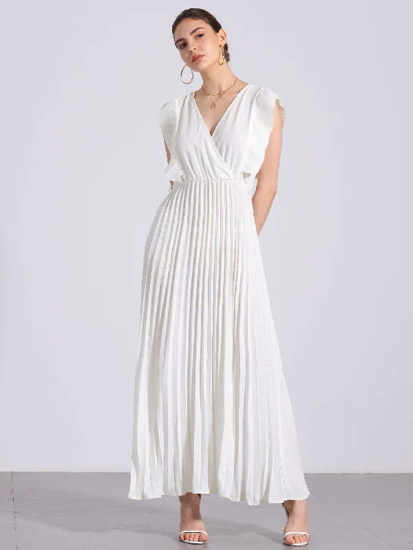 V Neck Short Sleeves Lace-Up Belted Pleated Maxi Dress Stylish V-Neck Maxi Dress