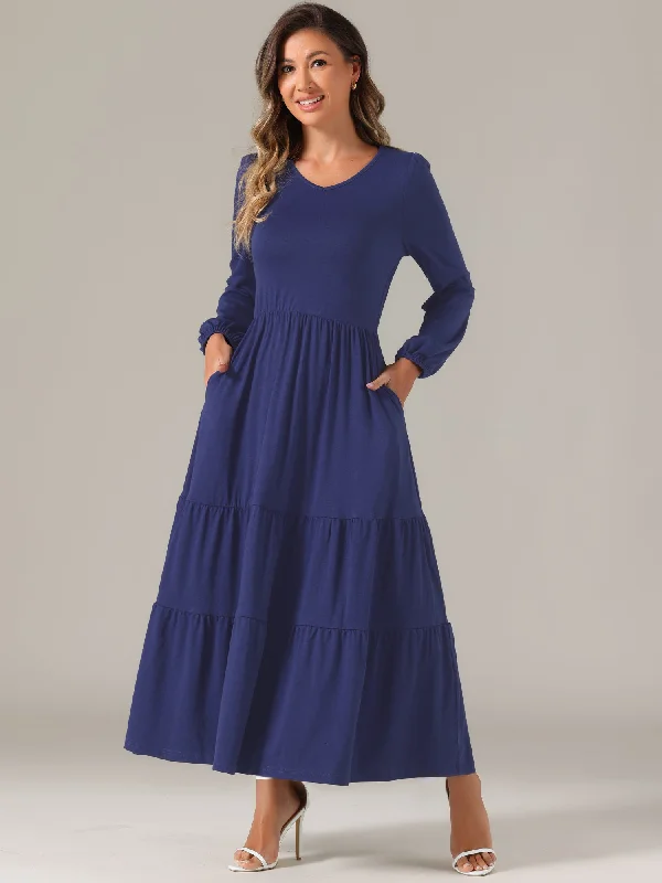 Crew Neck Long Sleeve Pockets Tiered A-Line Maxi Dress Trendy Fit-and-Flare Maxi Dress