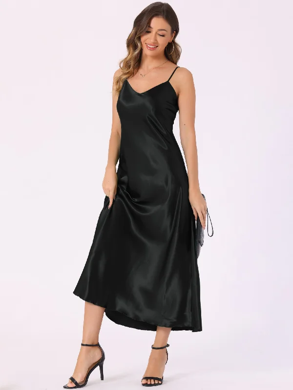 Satin Sleeveless Spaghetti Strap Maxi Dress Elegant Maxi Dress with Lace
