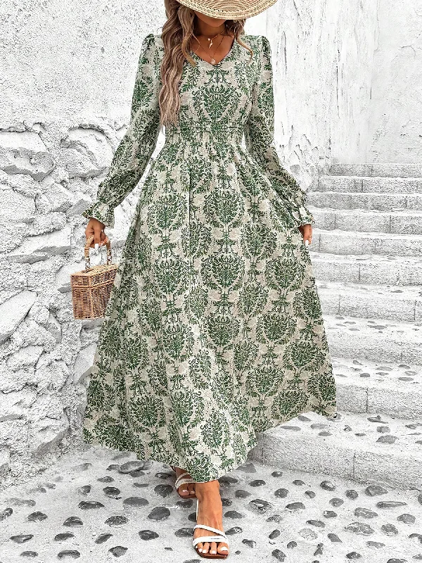 Floral V Neck Long Sleeve Smocked Waist Swing Maxi Dress Fashionable Halter Neck Maxi Dress Floral V Neck Long Sleeve Smocked Waist Swing Maxi Dress Fashionable Halter Neck Maxi Dress