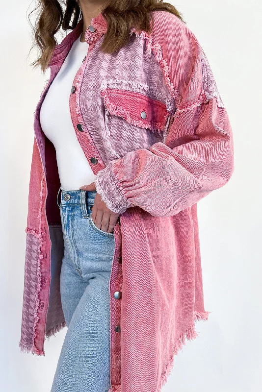 Pink Retro Distressed Houndstooth Patchwork Denim Jacket Welt Pockets Slit Pockets Flap Pockets