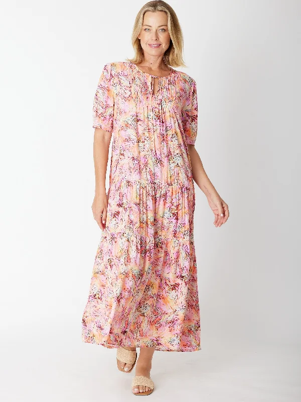 Pintuck Maxi Dress - 30166 Pink/Print Fashionable Maxi Dress with Fringe