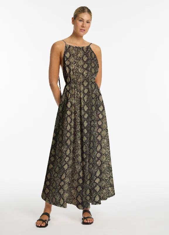 Python Backless Maxi Dress - Olive Trendy Fit-and-Flare Maxi Dress