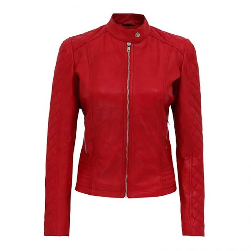 Red Quilted Cafe Racer Women Jacket Satin Jacket Silk Jacket Chiffon Jacket
