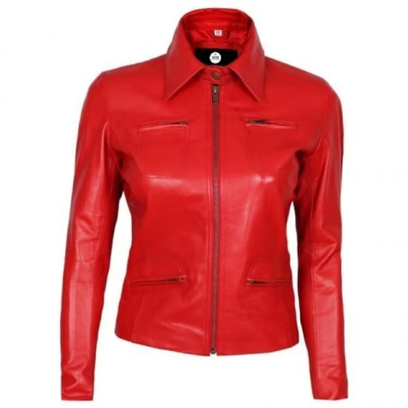 Red Zipper Women Biker Leather Jacket Wool Jacket Cashmere Jacket Tweed Jacket