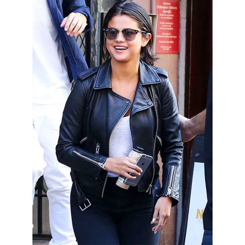 Selena Gomez New York Leather Biker Jacket Black Wool Jacket Cashmere Jacket Tweed Jacket