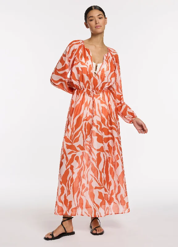 Sereno Ditsy Long Sleeve Maxi Dress - Coral Fashionable Sheer Maxi Dress
