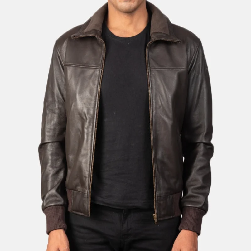 BOMBER-2405 MUSH Brown Leather Bomber Jacket Herringbone Jacket Checkered Jacket Solid Jacket