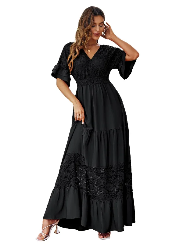 Simplee Women V Neck Formal Lace Maxi Dress Ruffle Flowy Short Sleeve Boho Wedding Guest Party Summer Long Dress, Lace_black, X-Large Comfortable Ruffle Hem Maxi Dress Simplee Women V Neck Formal Lace Maxi Dress Ruffle Flowy Short Sleeve Boho Wedding Guest Party Summer Long Dress, Lace_black, X-Large Comfortable Ruffle Hem Maxi Dress