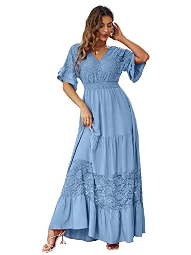 Simplee Women V Neck Formal Lace Maxi Dress Ruffle Flowy Short Sleeve Boho Wedding Guest Party Summer Long Dress, Lace_blue, Medium Elegant Tiered Maxi Dress Simplee Women V Neck Formal Lace Maxi Dress Ruffle Flowy Short Sleeve Boho Wedding Guest Party Summer Long Dress, Lace_blue, Medium Elegant Tiered Maxi Dress