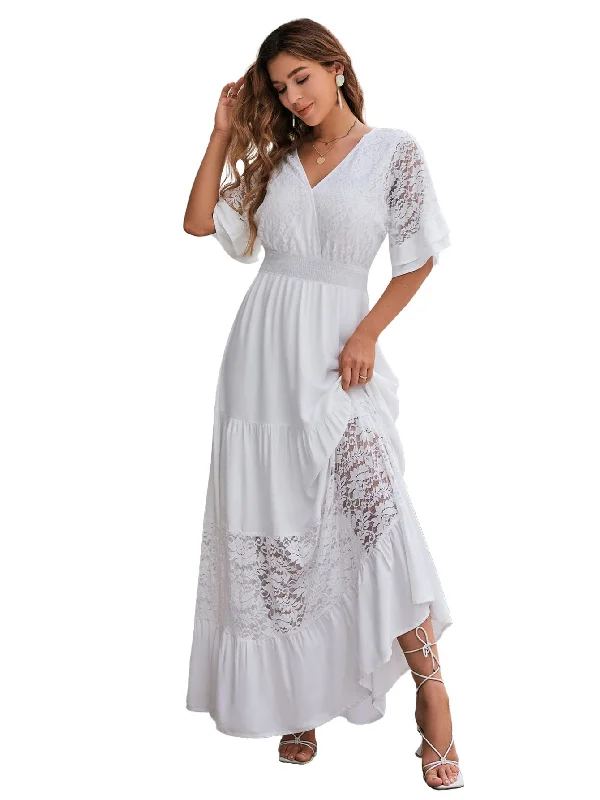 Simplee Women V Neck Formal Lace Maxi Dress Ruffle Flowy Short Sleeve Boho Wedding Guest Party Summer Long Dress, Lace_white, Large Classic A-Line Maxi Dress Simplee Women V Neck Formal Lace Maxi Dress Ruffle Flowy Short Sleeve Boho Wedding Guest Party Summer Long Dress, Lace_white, Large Classic A-Line Maxi Dress