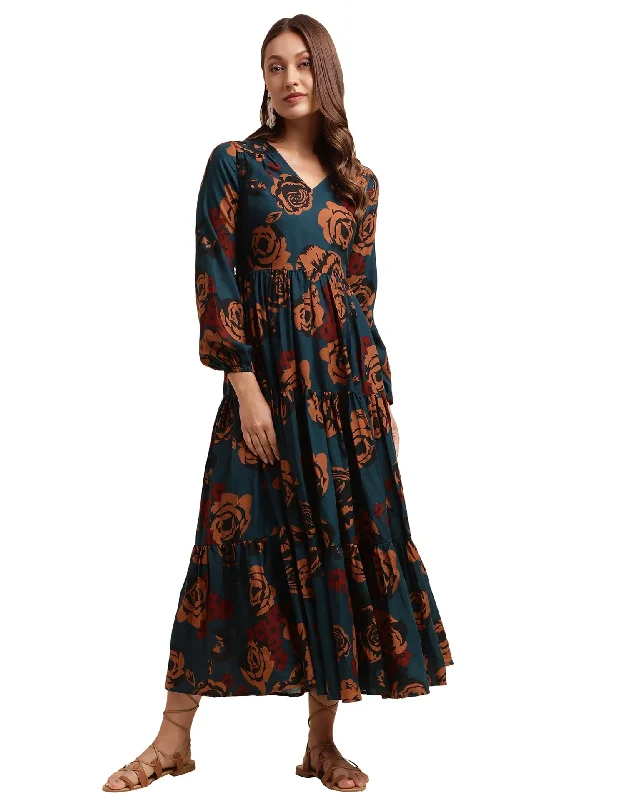 SIRIL Women's Western Poly Rayon Dresses | Maxi Dress | Printed Western Dress for Women (493TK7614-M_Blue) Cozy Maxi Dress with Slit