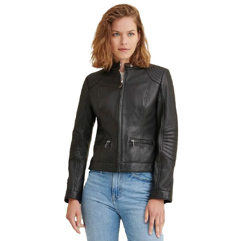Slim and Smart Quilted with Zipper Pockets Sheepskin Leather Jacket Women Jersey Jacket Tulle Jacket Batik Jacket