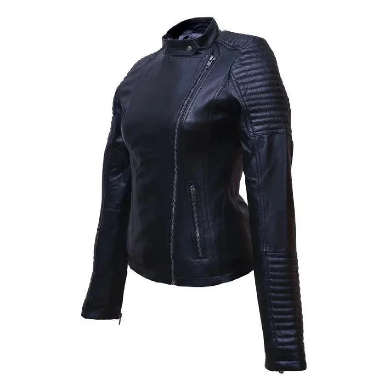 Slim Fit Leather Jacket for Women with Side Zipper - Women Leather Jacket Notch Collar Peter Pan Collar Cowl Neck