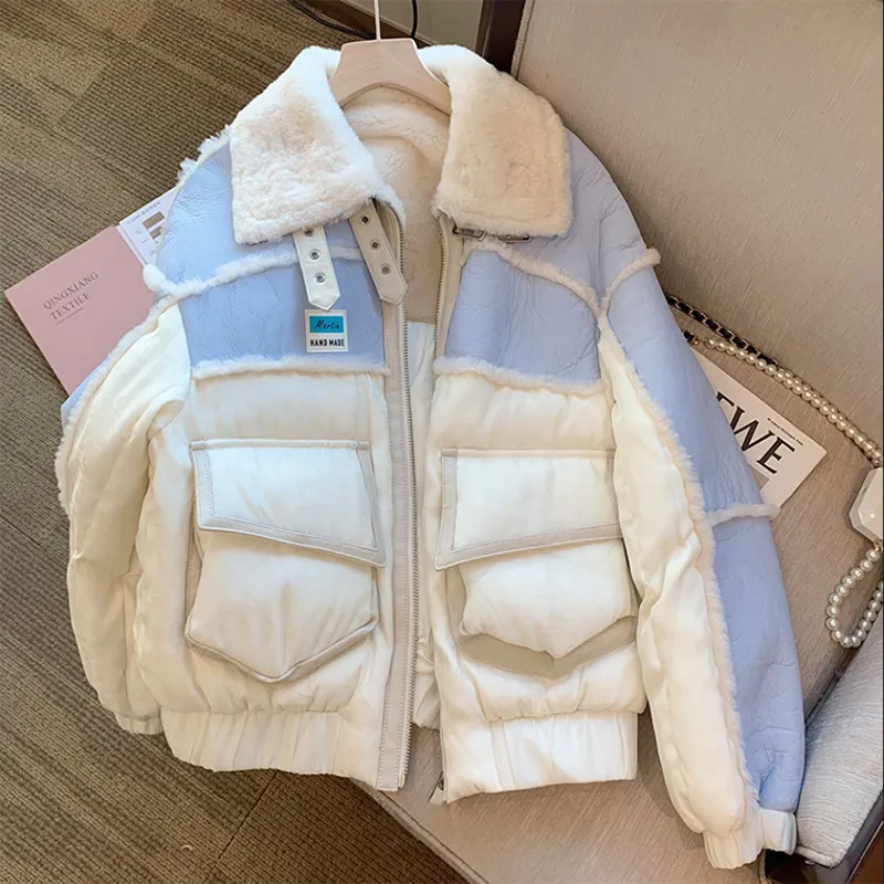 Stitching Casual Lamb Wool Jacket Women Overcoat Autumn Winter Cotton-Padded Jacket Warm Parka Contrast Stitching Fur Coat Top Chenille Fabric Brocade Fabric Lace Fabric