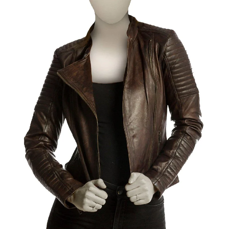Stylish Brown Leather Jacket For Women with Long Sleeves - Brown Leather Jacket Welt Pockets Slit Pockets Flap Pockets