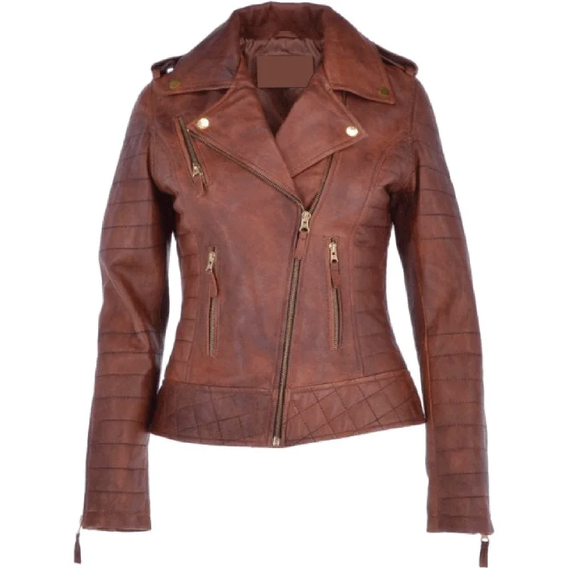 Stylish Brown Quilted Lining Sheepskin Leather Jacket Women Trench Coat Raincoat Waterproof Jacket