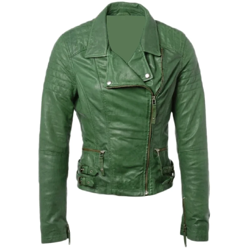 Stylish Green Quilted Buckle Straps Sheepskin Leather Jacket Women Notch Collar Peter Pan Collar Cowl Neck
